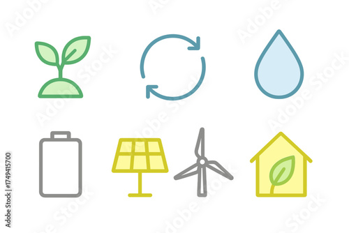 Outline symbols representing sustainable energy, solar power, wind turbine, recycling, and water