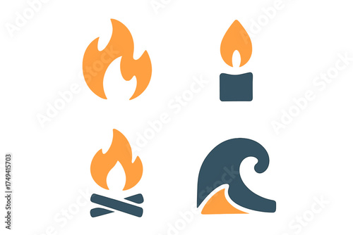 Simple representations of natural elements including fire, candlelight, campfire, and ocean wave