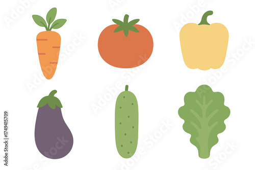 Colorful collection of fresh healthy vegetables: carrot, tomato, pepper, eggplant, cucumber, and lettuce