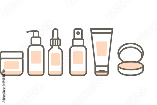 Minimalist line art set of cosmetic and skincare product packaging containers bottles jars and tubes
