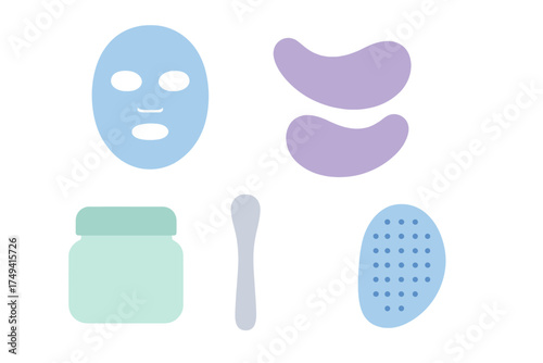 Skincare routine set with sheet mask, eye patches, cream jar, and beauty tools