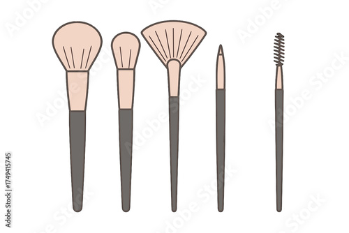 Set of essential cosmetic brushes including powder, blush, fan, eyeliner, and mascara tools