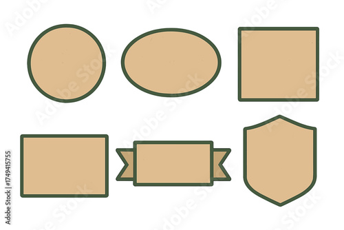 Set of six blank kraft paper textured frames with dark green borders in various shapes including circle oval rectangle and shield