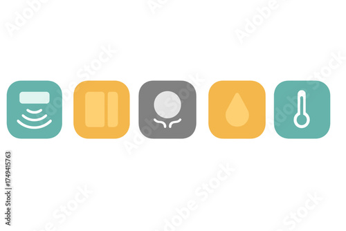 Modern smart home icons collection showing environmental sensors and device controls