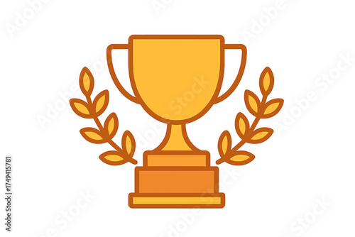 Shiny golden award trophy cup on a pedestal surrounded by laurel wreath branches