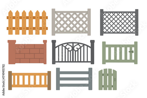 Set of various residential and garden boundary elements including fence panels and gates