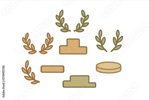 Collection of stylized laurel wreaths and various podium shapes representing victory and success in competition