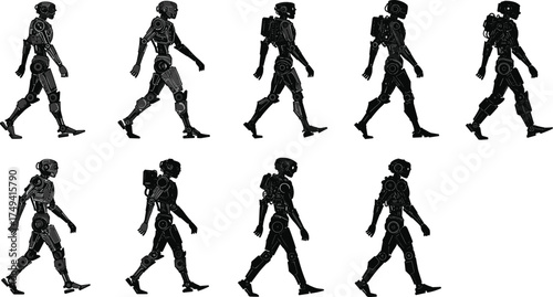 Humanoid robot walking, biomechanics motion, mechanical joints, robotics animation, gait cycle, futuristic design, motion analysis, artificial intelligence, technology, engineering