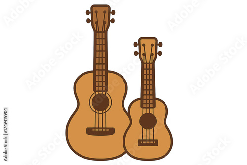 Pair of acoustic string instruments standing vertically on a white background