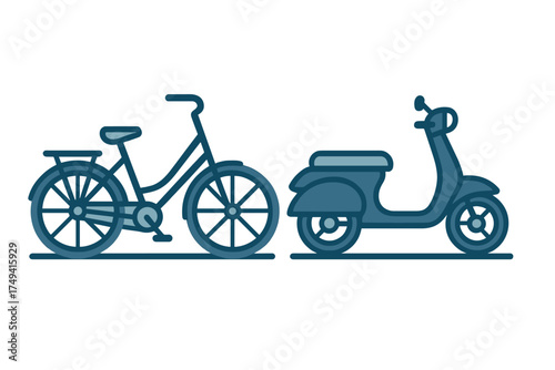 Retro style bicycle next to a small motorized scooter for city commuting
