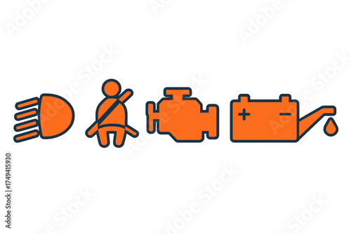 Set of essential automotive dashboard warning icons for engine battery seatbelt and headlights
