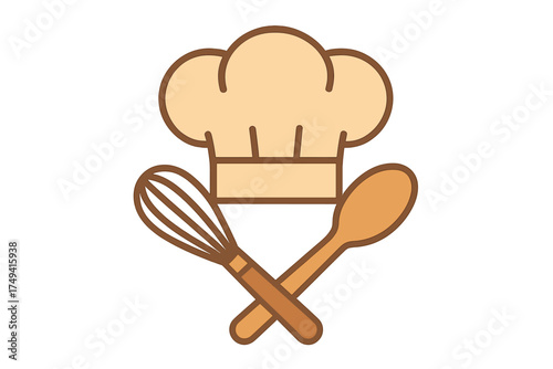 Chef's hat icon above crossed kitchen utensils whisk and wooden spoon for cooking and restaurant