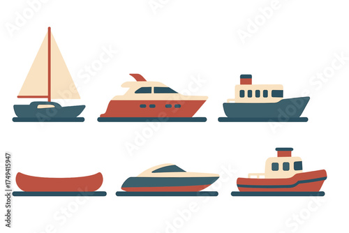 Set of various nautical transport vessels including sailboat, yacht, ferry, and speedboat