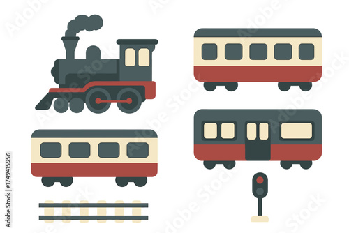 Classic retro steam engine train with passenger cars and railway tracks set