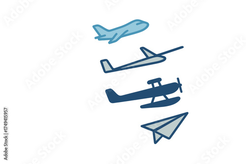 Set of stylized aircraft symbols including commercial jet, glider, seaplane, and folded paper plane
