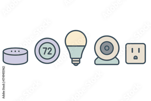 Smart home technology devices set including speaker thermostat light bulb camera and outlet