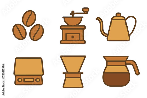 Essential icons for manual coffee preparation featuring beans, grinder, kettle, scale, dripper, and carafe