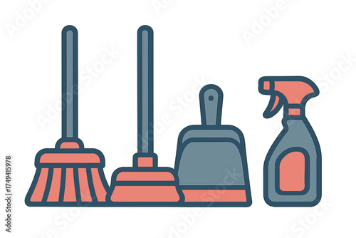 Household cleaning supplies set with two brooms, dustpan, and spray bottle