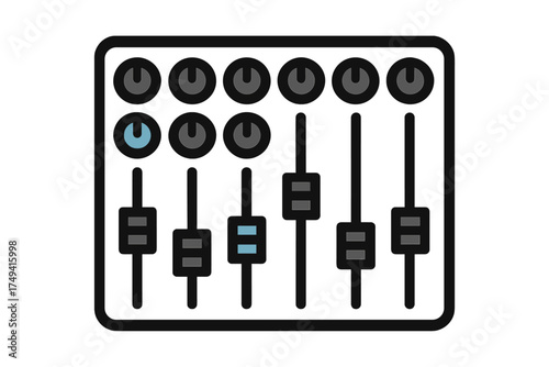 Professional sound mixing board control panel with multiple faders and rotary knobs