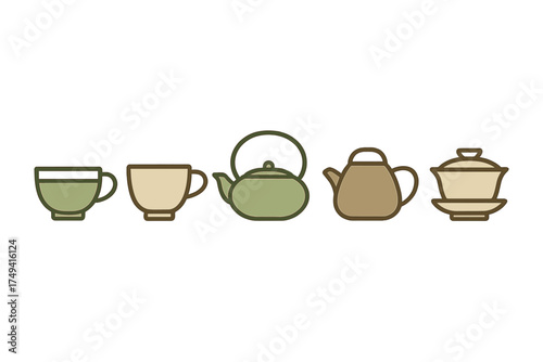Traditional tea ceremony utensils collection featuring teapots, teacups, and a gaiwan set