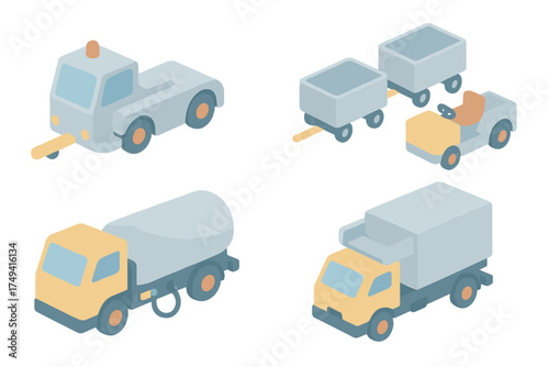 Isometric set of airport ground support equipment and utility transport vehicles