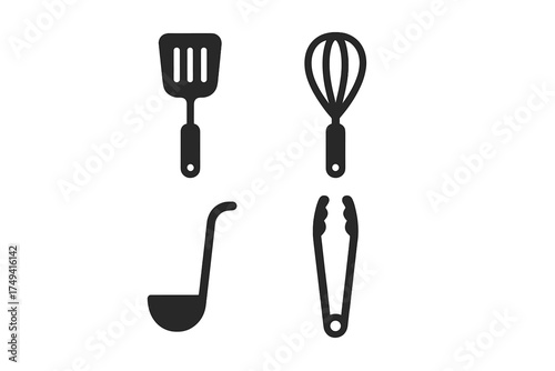 Basic kitchen utensils set including spatula, whisk, ladle, and serving tongs