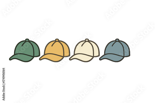 Four stylish baseball caps lined up horizontally in muted earthy tones