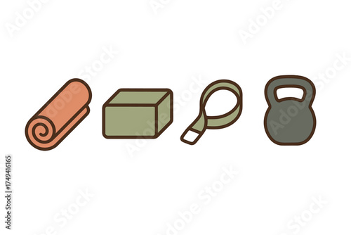 Fitness and yoga equipment set including mat, block, strap, and kettlebell