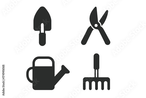 Essential gardening tools set including trowel, pruning shears, watering can, and rake silhouettes