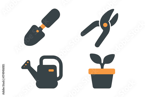 Set of four basic gardening tools and potted plant icons in flat design style
