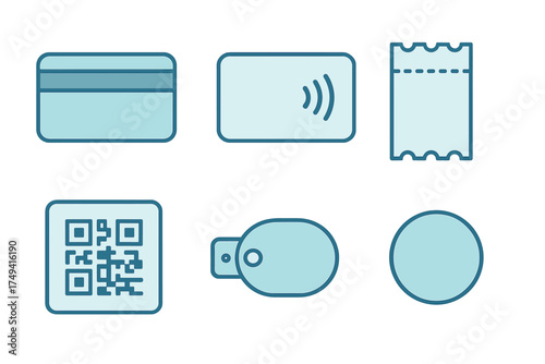 Modern digital payment and identification methods including credit card, contactless NFC, QR code, and ticket symbols