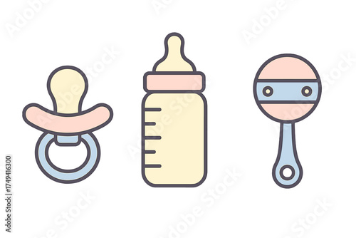 Essential newborn items set featuring a pacifier, feeding bottle, and rattle toy