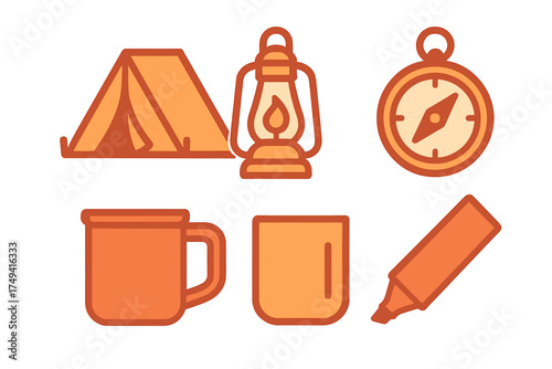 Set of essential outdoor adventure equipment including tent, lantern, compass, and mugs