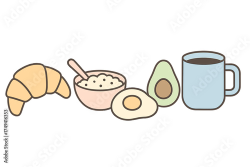 Assortment of popular breakfast foods including croissant, oatmeal, fried egg, avocado, and coffee mug