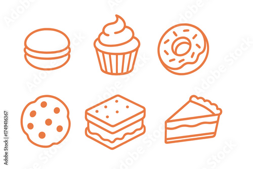 Simple line art collection of sweet baked goods including cupcake donut cookie and macaron