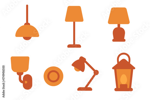 Set of interior and exterior lighting fixtures including floor, table, desk, and pendant lamps