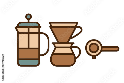 Set of manual coffee brewing devices including French press pour over and portafilter