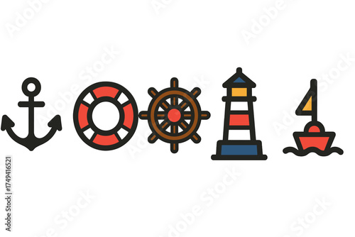 Set of marine navigation and safety symbols including anchor lifebuoy ship wheel and lighthouse