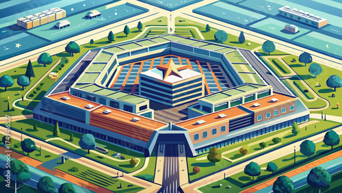 Very beautiful aerial view of the Pentagon, U.S. Department of Defense headquarters in Arlington, Virginia, vector-style illustration showcasing symmetry, structure, and iconic design.