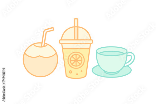 Refreshing summer drinks featuring coconut water, citrus juice, and hot tea in pastel colors