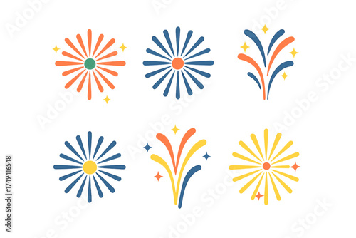 Abstract colorful fireworks symbols collection for festive celebration and holiday events
