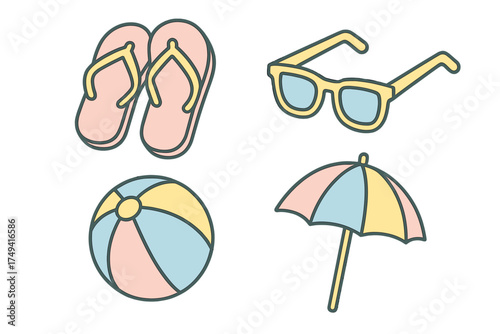 Pastel colored set of summer vacation items including sandals sunglasses beach ball and parasol