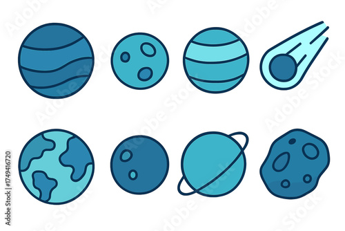 Stylized astronomical symbols set featuring planets, moons, asteroid, and comet in blue and cyan