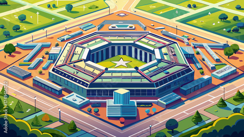 Very beautiful aerial view of the Pentagon, U.S. Department of Defense headquarters in Arlington, Virginia, vector-style illustration showcasing symmetry, structure, and iconic design.