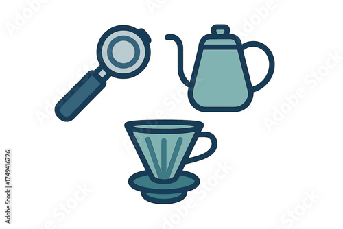 Essential coffee brewing tools set featuring a portafilter, kettle, and pour-over dripper