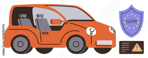 Orange car alongside GDPR shield and alert icon, symbolizing data protection in smart cars. Ideal for automotive innovation, technology, safety, privacy laws, compliance, cybersecurity