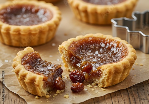 Homemade Mini Butter Tarts with Raisins Flaky Pastry Crust and Caramel Filling on Wooden Table with Cookie Cutters for Baking Desserts and Holiday Treats