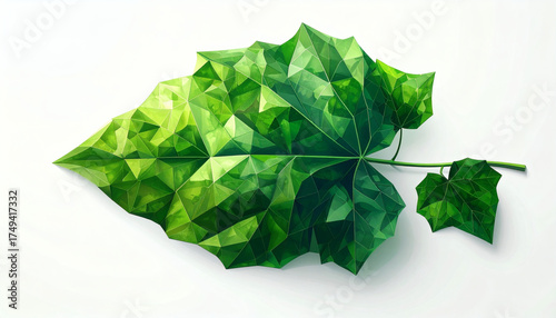 Polygonal ivy leaf with angular green faceted polygons isolated on white background for modern 3D botanical design, geometric foliage art, and digital nature visualization