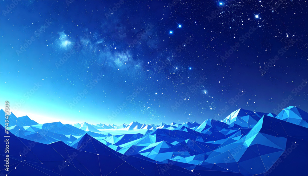 Obraz premium Polygonal night sky full of stars with angular shapes shimmering against a deep blue gradient for modern 3D space design, geometric celestial art, and digital cosmic visualization