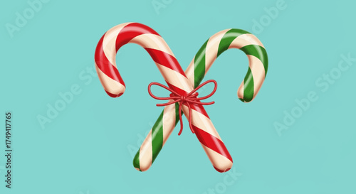 Two festive candy canes, one red and white, one green and white, tied with a red bow on a light blue background.
